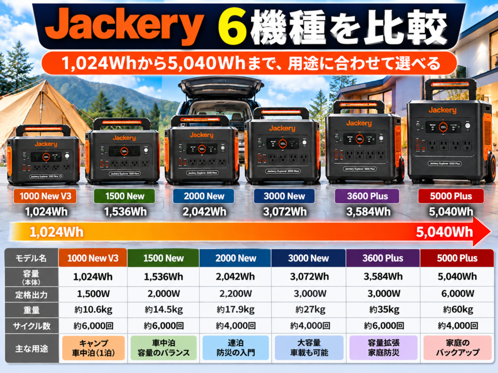 1000 New V3〜5000 Plusを横一列に並べ、容量が大きくなる様子を視覚化