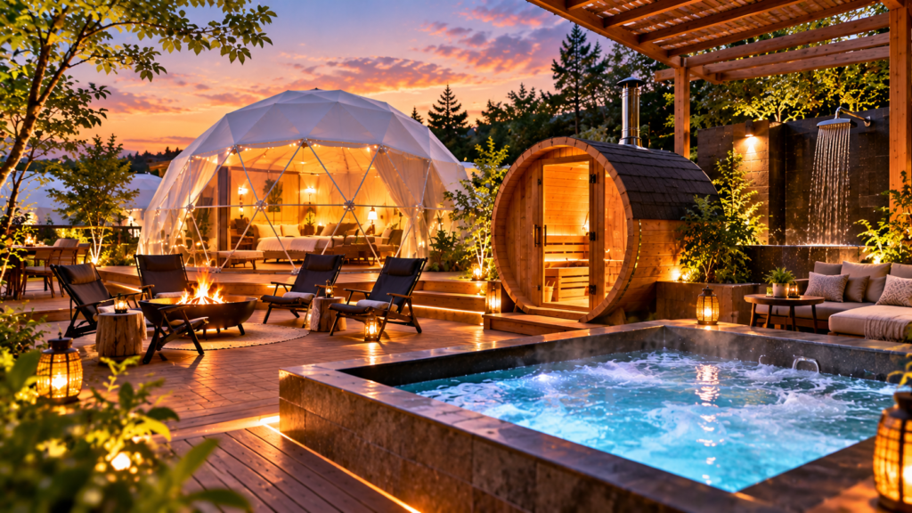 ドーム型テント
屋外の樽型サウナ
ジャグジーのあるプライベート空間