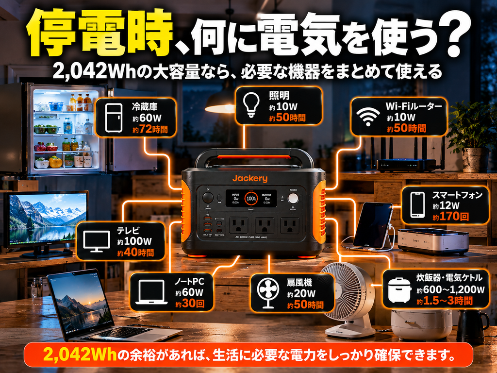 災害時の電力配分を図解。中央の2000 Newから「冷蔵庫」「通信」「照明」「スマホ」へ電力を振り分ける