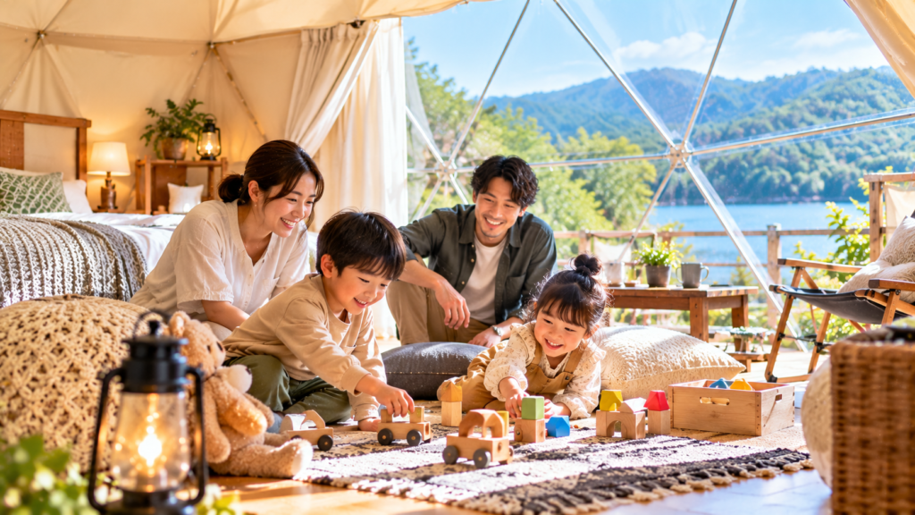 幼児から小学生くらいの子どもと両親が、テントの前で遊んでいる風景。
年齢別の説明を読んだあとに入れることで、子どもと一緒に過ごすイメージを持ちやすくなります。