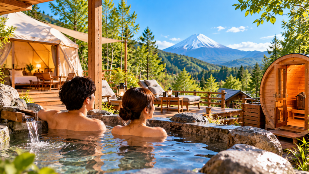 森に囲まれたグランピング施設
富士山を望む開放的な景色
温泉やプライベートサウナを連想させる空間
