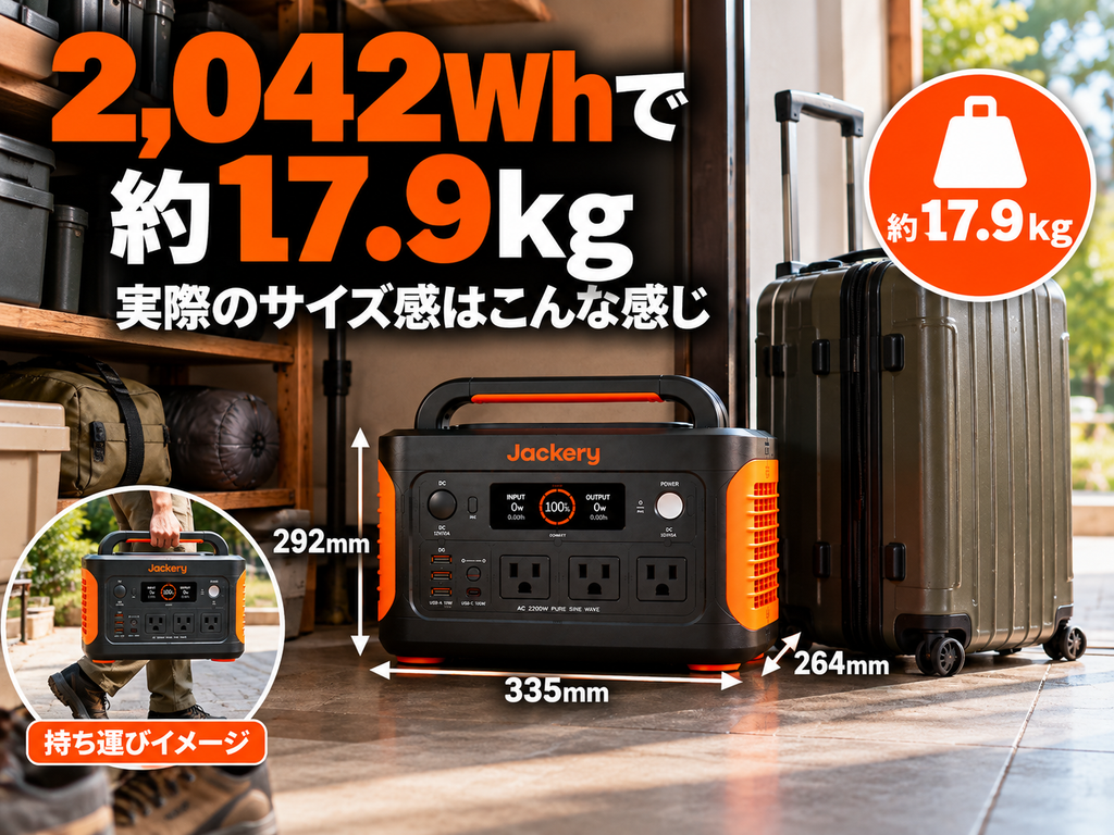 玄関・収納スペースに2000 Newを置いた実生活シーン。横に旅行用スーツケースなどを置いてサイズ感を表現