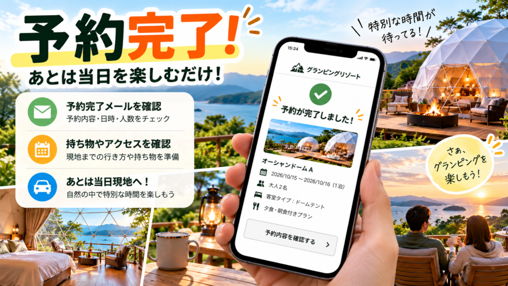スマートフォンに届いた予約確認メールを確認する様子
横に旅行用バッグや荷物を配置
出発前の準備をイメージできる構図