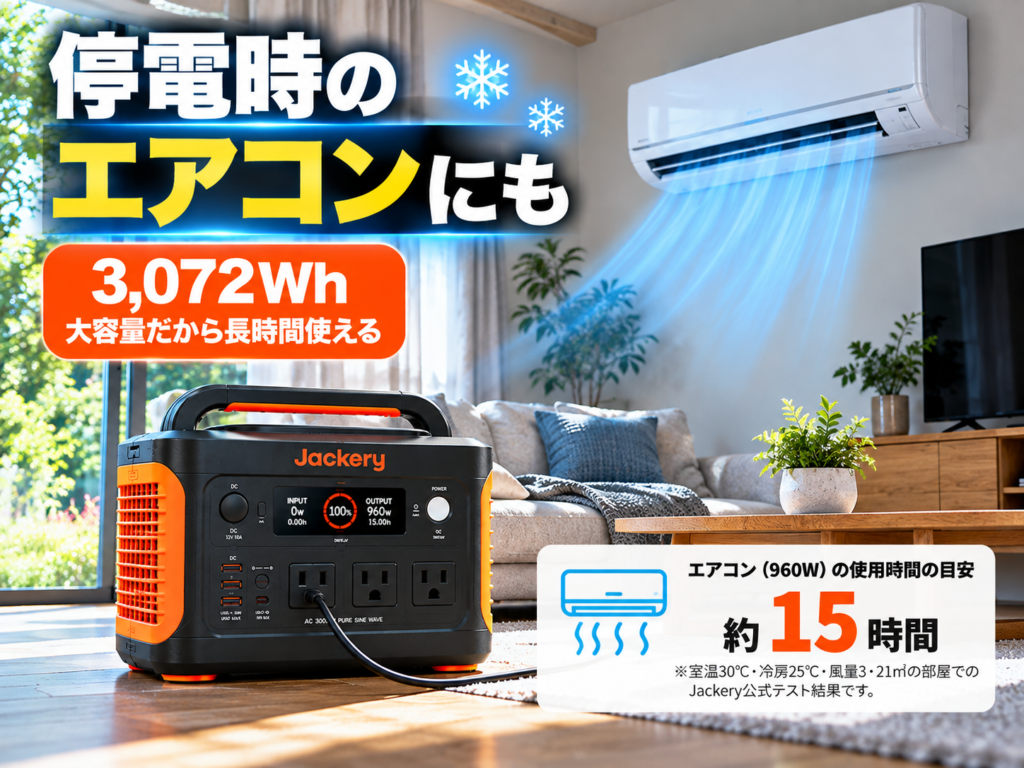 夏のリビング。エアコンが動作し、3000 Newから給電している様子。人物は入れず、涼しさが伝わる室内