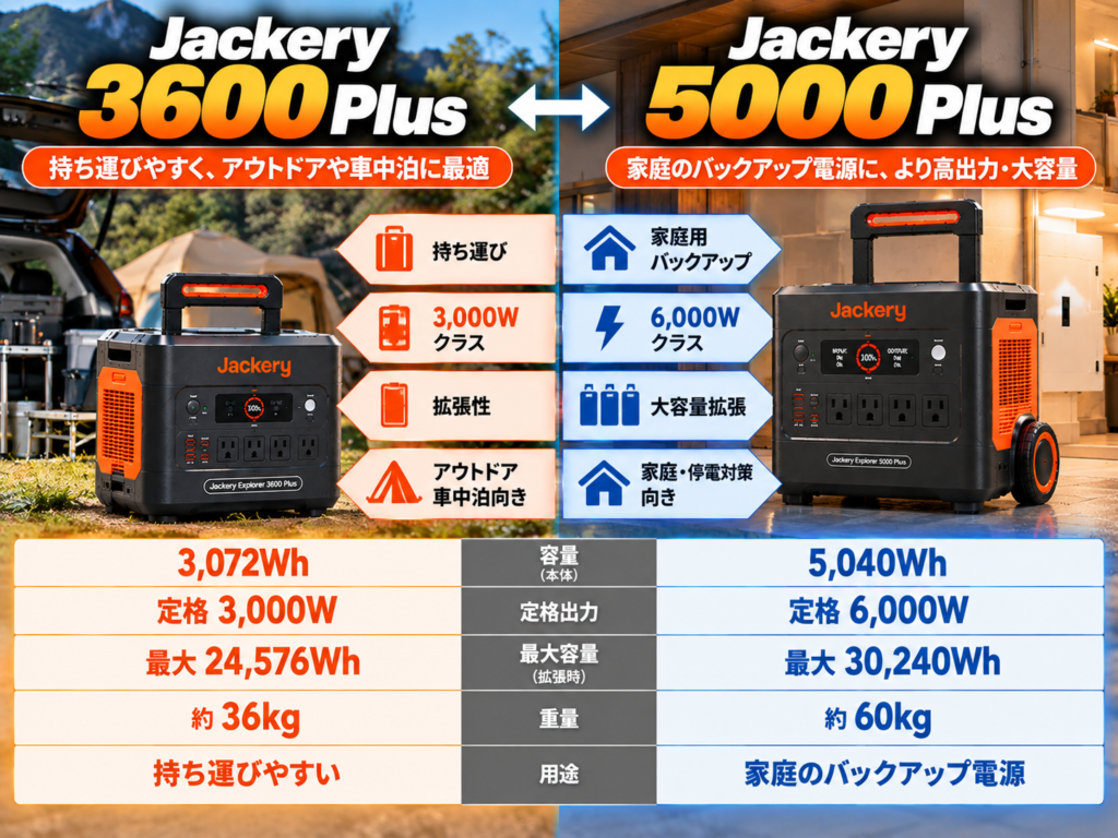3600 Plusと5000 Plusを左右配置。ただのVS画像ではなく、中央に「持ち運び・拡張」←→「家庭バックアップ・高出力」という選択軸