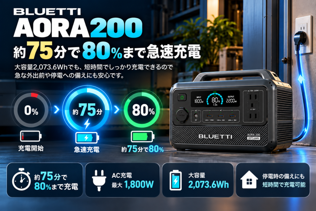 充電メーターを主役にした近未来的な画像。「0% → 約75分 → 80%」。製品写真を小さめにして数字を主役にする
