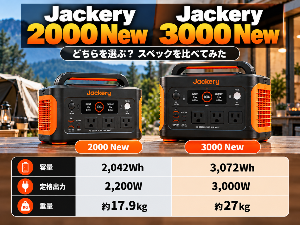 2000 Newと3000 Newを左右に配置した比較画像。今回はVSを大きくせず、容量・出力・重量の3項目だけを表示