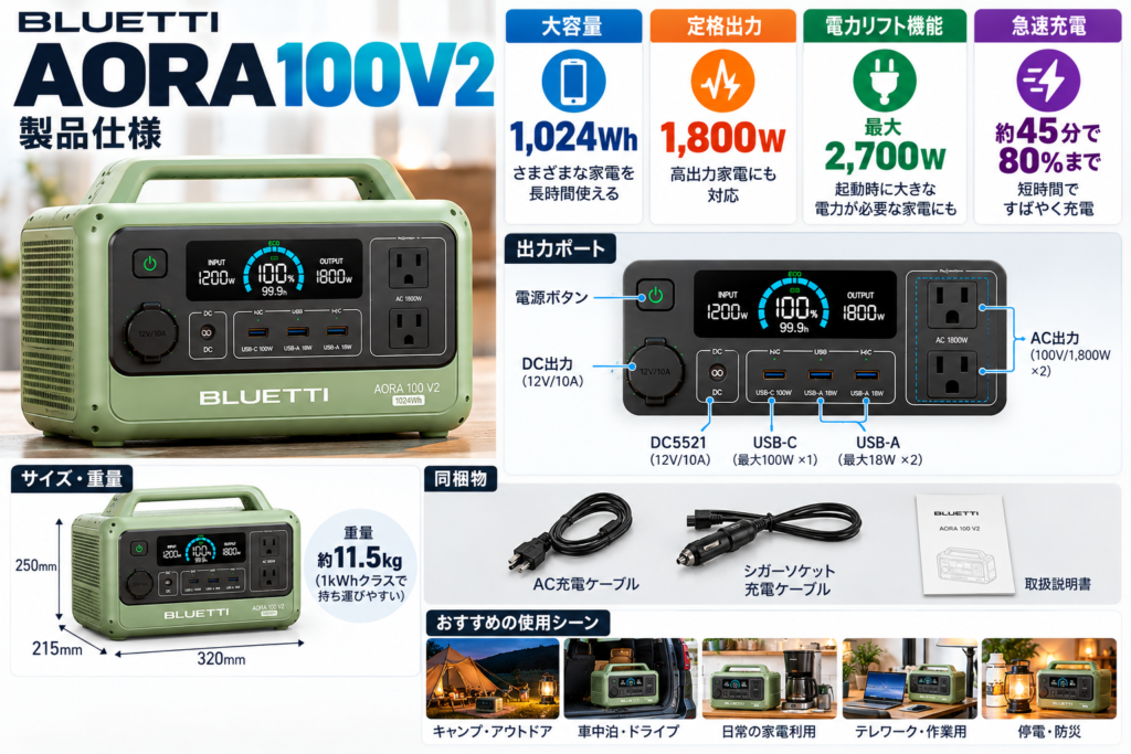 停電した自宅で冷蔵庫・照明・スマホなどへ給電するシーン。「1,024Whで停電対策」を表現