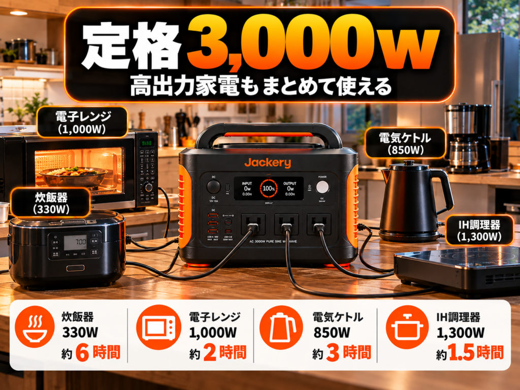 キッチンを舞台に、電子レンジ・炊飯器・電気ケトルなど複数の家電へ給電している生活写真風