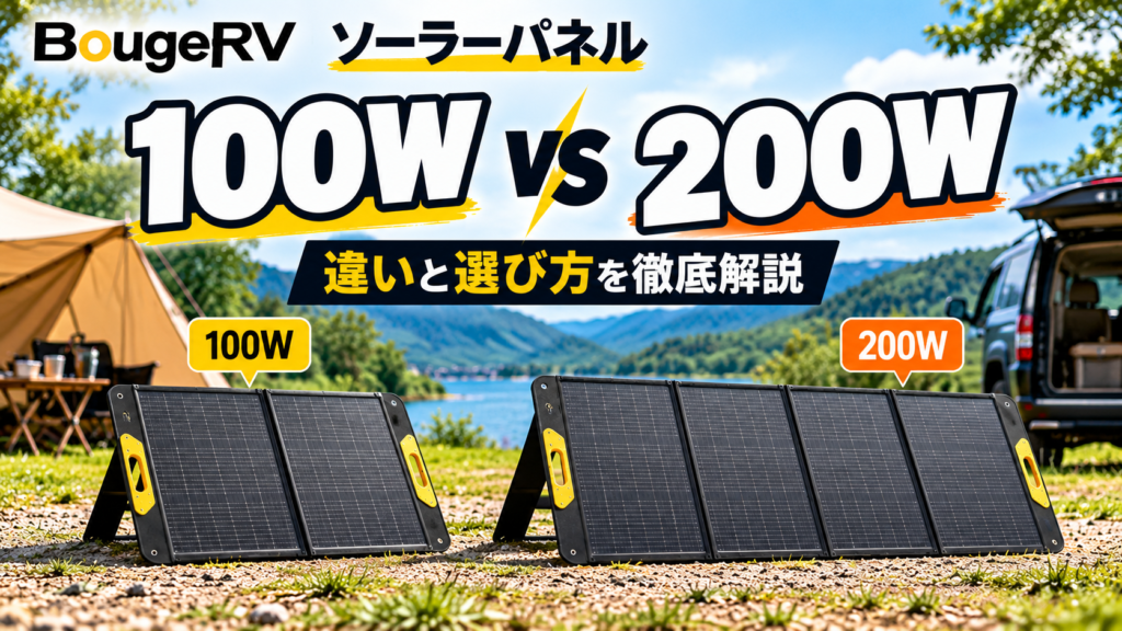 BougeRVの100Wと200W折りたたみ式ソーラーパネルの比較。最大出力、パネル構成、持ち運びやすさの違いを紹介。