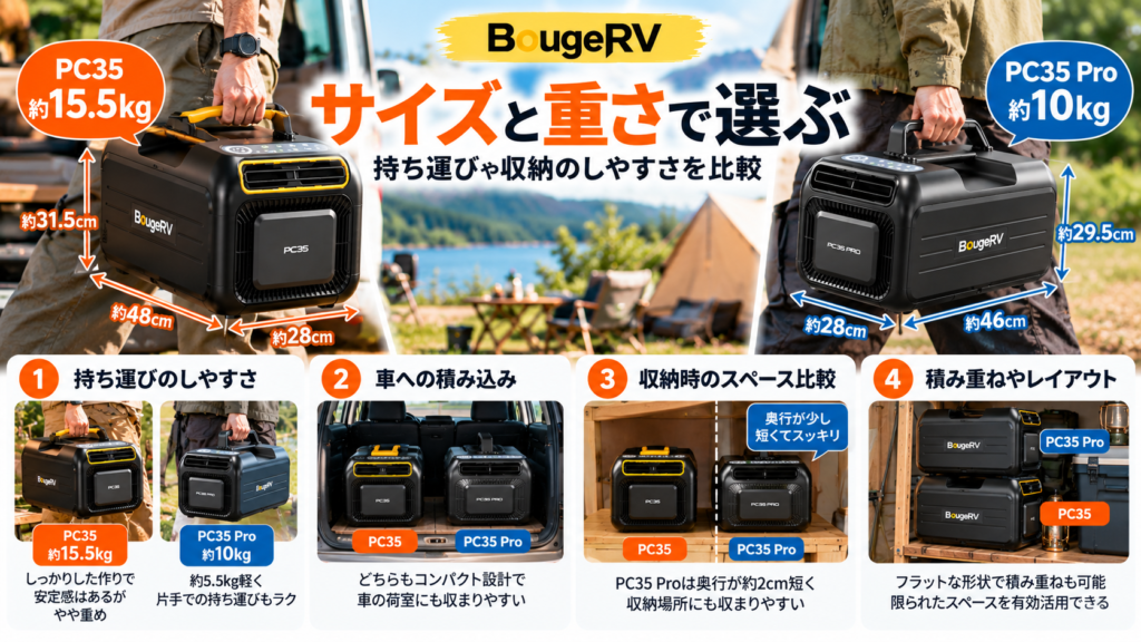 BougeRV PC35とPC35 Proのサイズと重量を比較。車への積み込みやすさ、収納スペース、持ち運びやすさの違いを紹介。