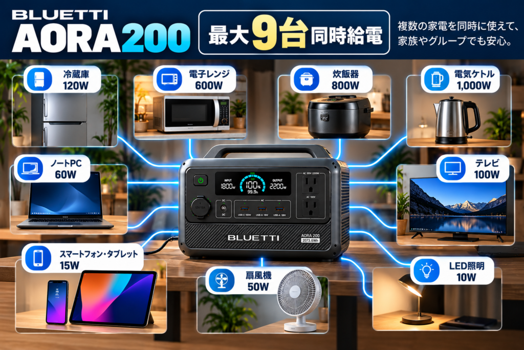 AORA 200を中央にして9方向へ電力が伸びる図解。スマホ、PC、照明、冷蔵庫、扇風機など。写真ではなくテクニカルな図解調