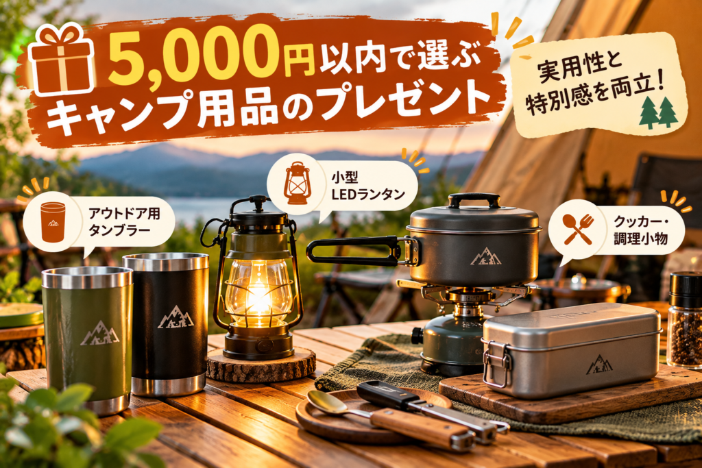 5,000円以内で選ぶキャンプ用品のプレゼント。アウトドア用タンブラー、小型LEDランタン、クッカーなど実用的なギフトを紹介。