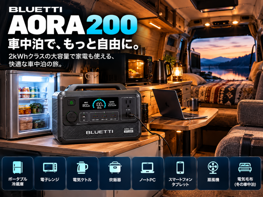 キャンピングカー・バンの車内。電子レンジ、冷蔵庫、PCなどを使う長期車中泊仕様。テントやキャンプ場は出さない