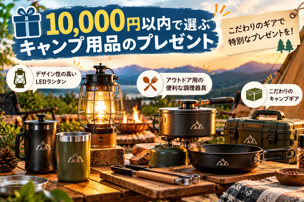 10,000円以内で選ぶキャンプ用品のプレゼント。デザイン性の高いLEDランタン、アウトドア用調理器具、こだわりのキャンプギアを紹介