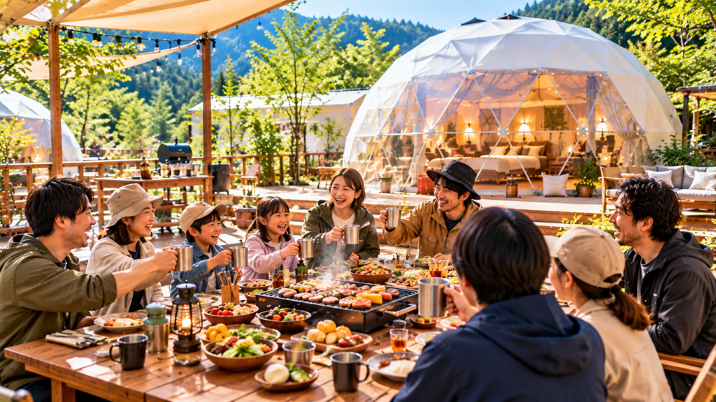 大きなドーム型テント
屋外のBBQテーブル
大人と子どもが一緒に食事を楽しむ様子
全員が同じテーブルを囲める広い空間