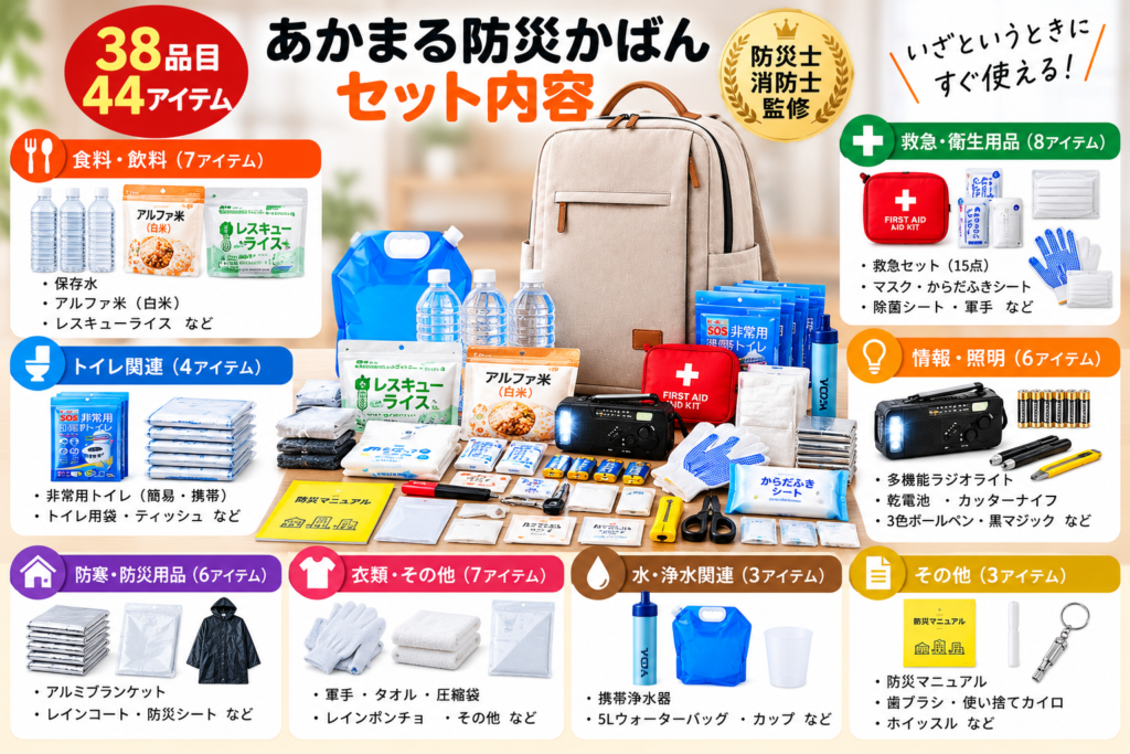 あかまる防災かばんと防災用品のセット内容。保存水、保存食、簡易トイレ、救急用品、ラジオライトなどを種類別に紹介