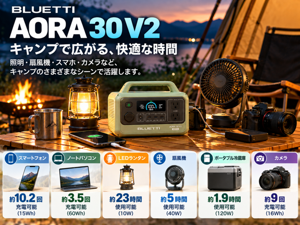 ソロキャンプ向けの使用シーン。AORA 30 V2＋LEDランタン＋スマホ＋小型扇風機など
