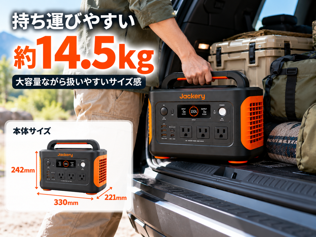 車の荷室へ1500 Newを積み込む場面。サイズ感が伝わる構図「約14.5kg」「330×221×242mm」