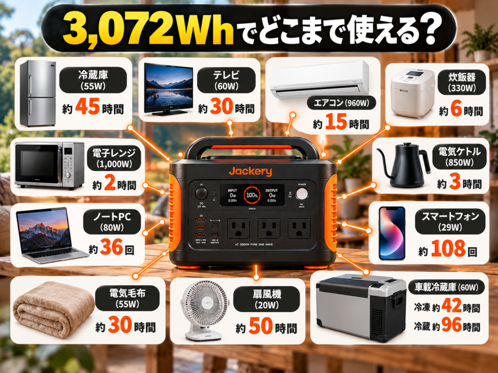 中央に3000 New、その周囲に冷蔵庫・テレビ・スマホ・PC・電気毛布などを配置したシンプルな使用イメージ図