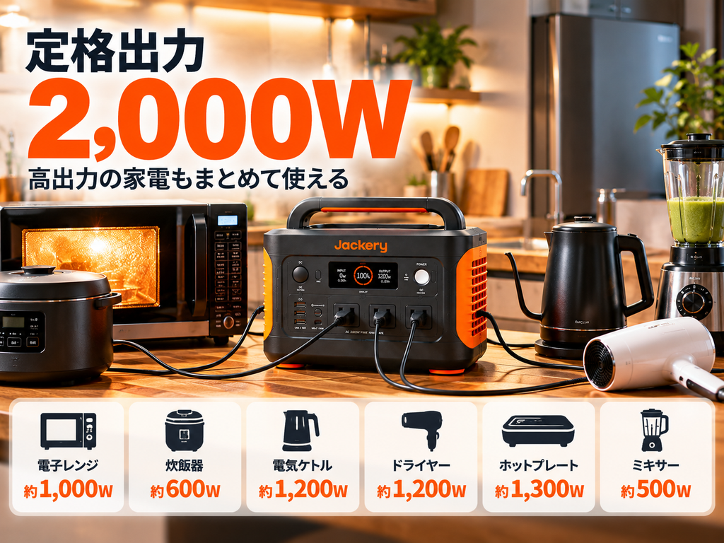 キッチン家電を使っている場面。ケトル・炊飯器・電子レンジなど「定格出力 2,000W」