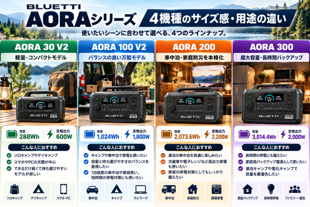 4機種のサイズ感・用途比較。小型→中型→大型というイメージで並べ、「軽量」「万能」「本格2kWh」「超大容量3kWh」と視覚化