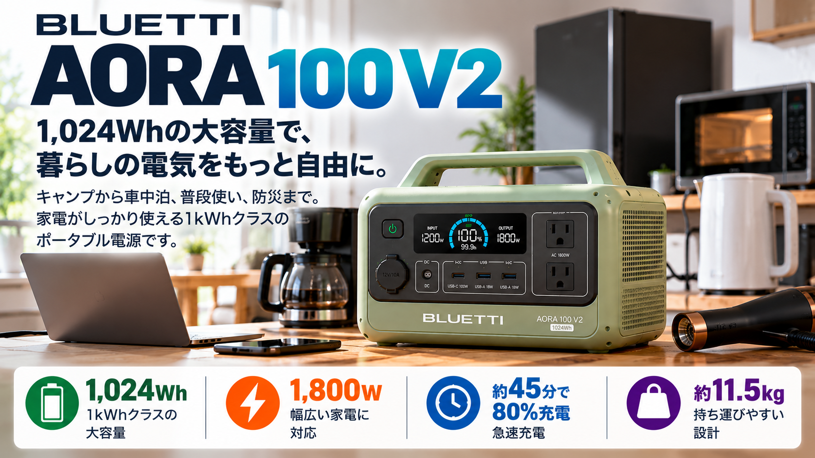 「BLUETTI AORA 100 V2｜1,024Wh・1,800W」。今回はキャンプではなく、AORA 100 V2を大きく中央に置いたスタイリッシュな製品広告風