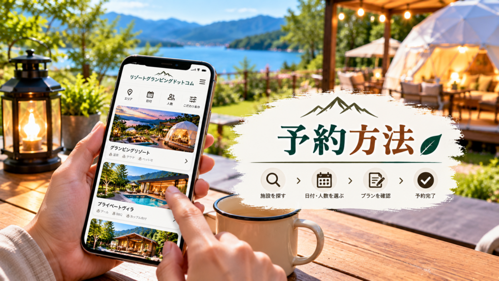 スマートフォンでグランピング施設を検索する様子