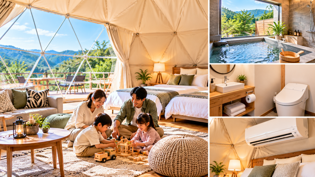 冷暖房のある清潔なドームテントの室内と、専用のお風呂・トイレをイメージできる構図。
子連れ旅行では、見た目だけでなく設備も大切だと伝えるための画像です。