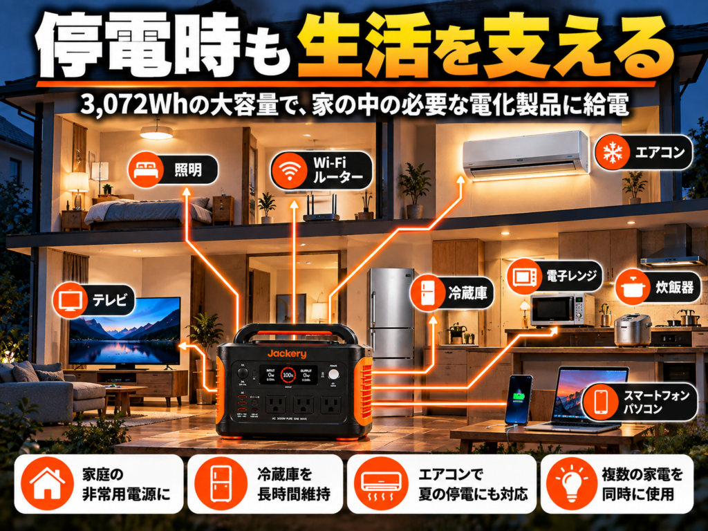 停電した住宅を断面図のように表現。3000 Newから冷蔵庫・照明・Wi-Fi・テレビ・エアコンへ電力が流れる防災インフォグラフィック