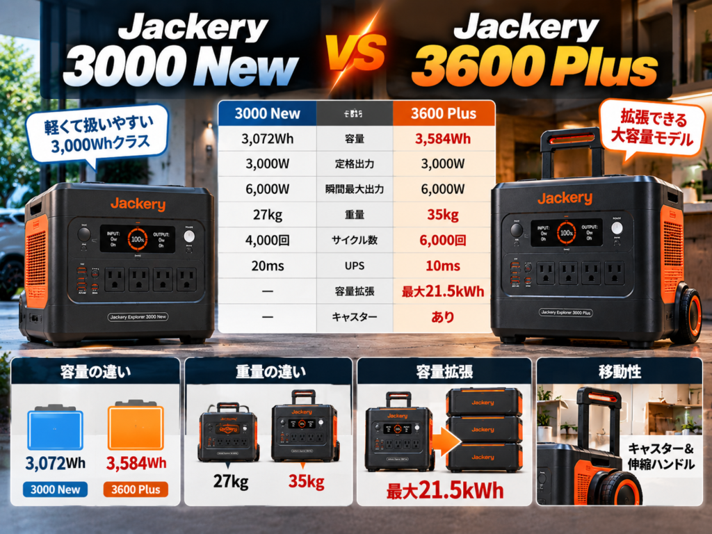 3000 Newと3600 Plusを左右に配置。今回は容量だけでなく「軽さ」と「拡張性」の違いを視覚化