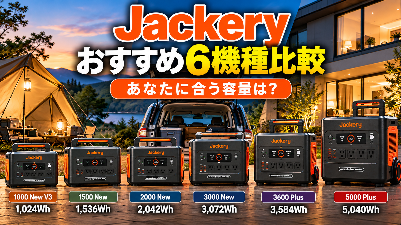 Jackery 6機種を容量順に並べ、背景を「キャンプ→車中泊→家庭」のグラデーション的な構成にする