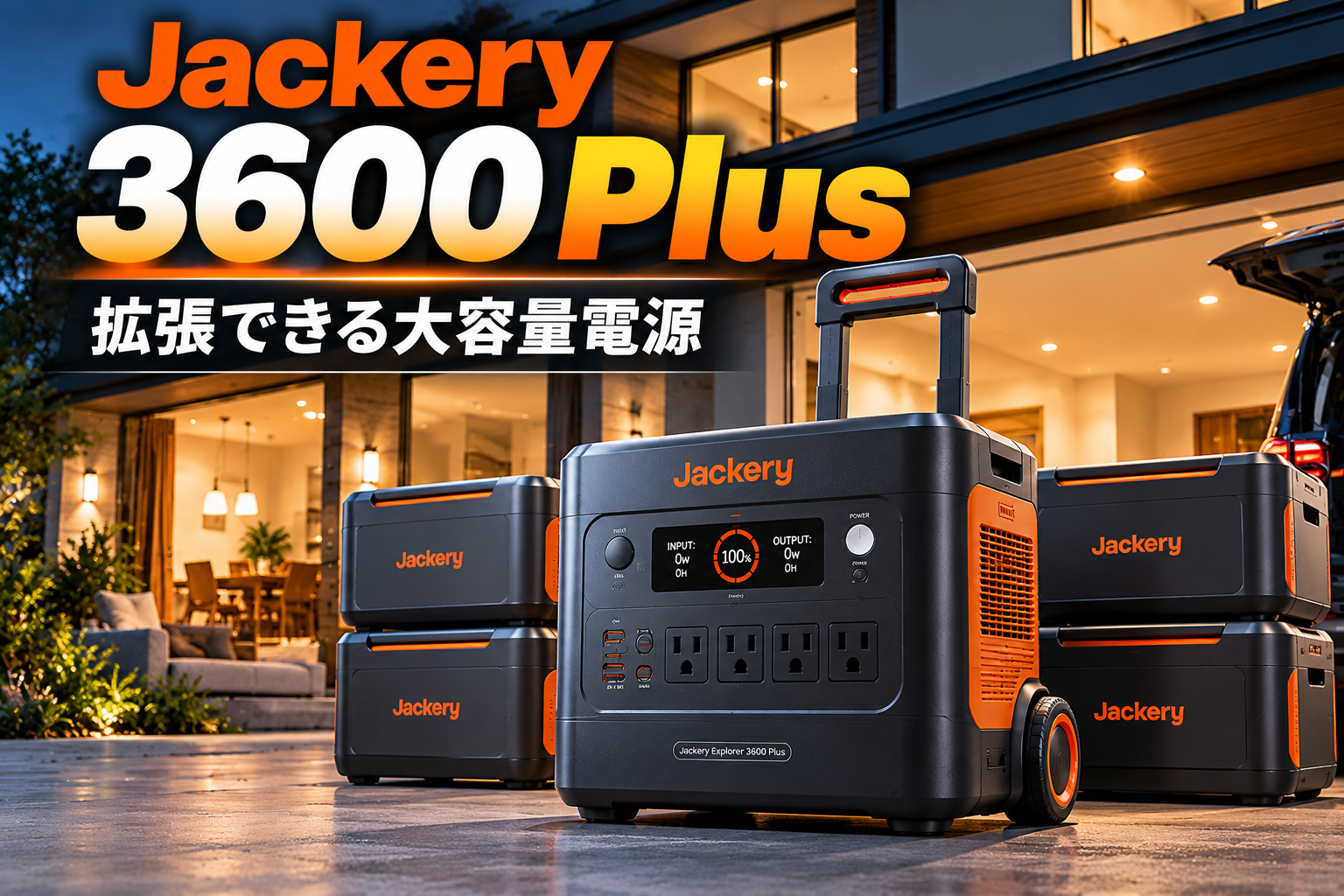 3600 Plus本体を中央に大きく配置。後方に拡張バッテリーを並べ、背景は住宅＋ガレージ。キャンプ感は抑える