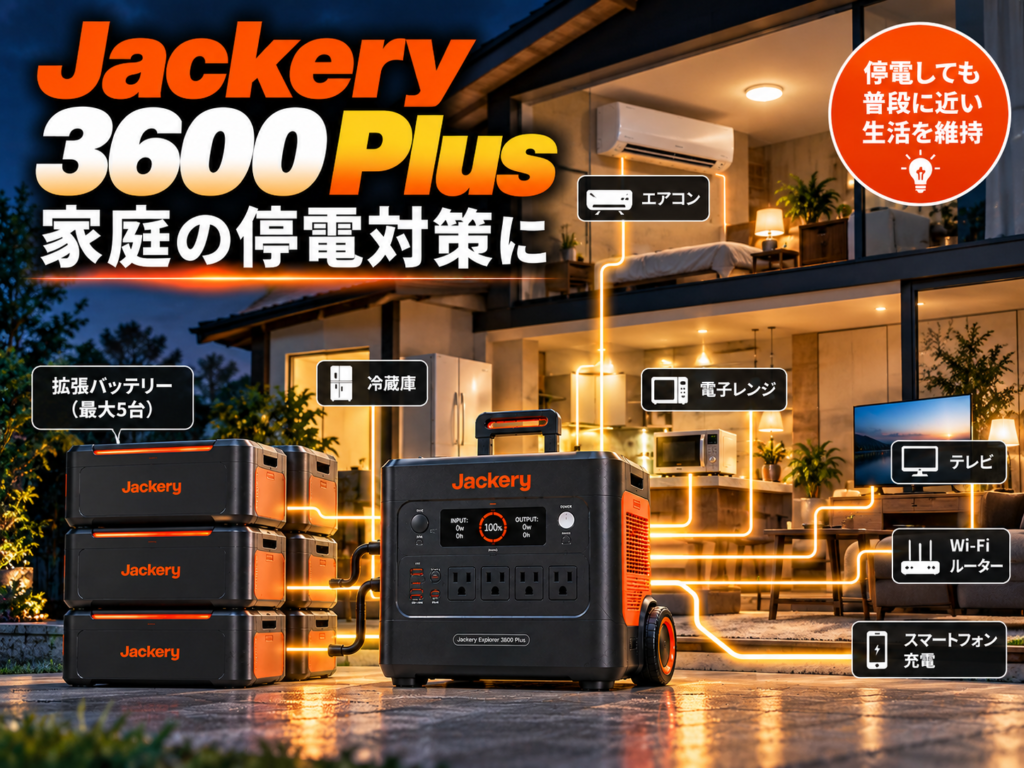 住宅を中心にした停電シーン。3600 Plus＋拡張バッテリーから冷蔵庫・照明・通信・エアコン・調理家電へ給電
