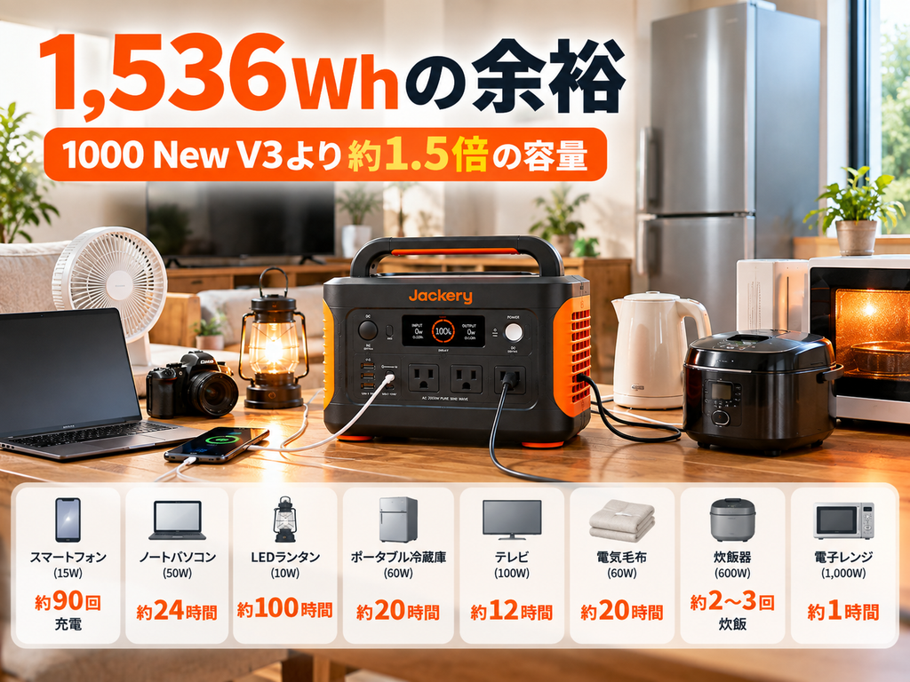 家庭の家電を俯瞰した生活シーン。冷蔵庫・PC・スマホ・照明などを配置「1,536Whの余裕」＋「約1.5倍※1000 New V3比」