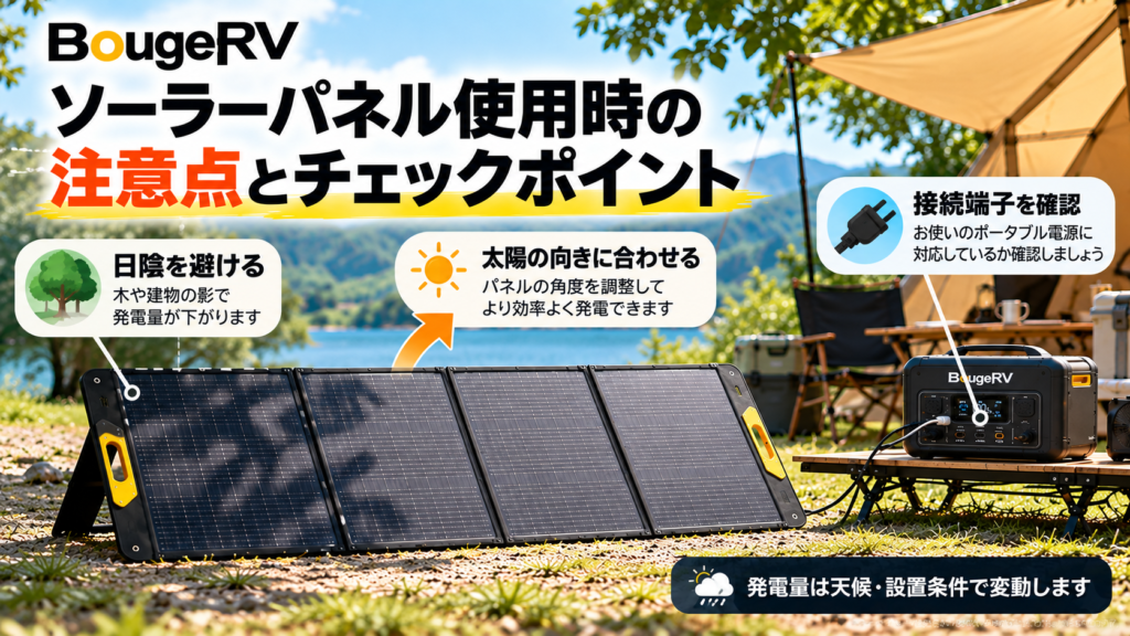 BougeRVの折りたたみ式ソーラーパネルを使用する際の注意点。日陰を避ける、太陽の向きに合わせる、ポータブル電源との接続端子を確認するなどのポイントを紹介。