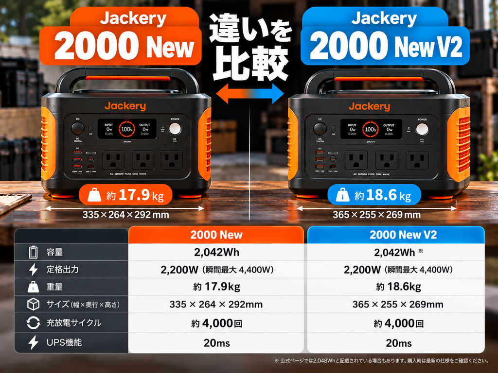 2000 NewとV2を横並び。中央にシンプルな比較ライン。サイズ感・形状の違いを見せる