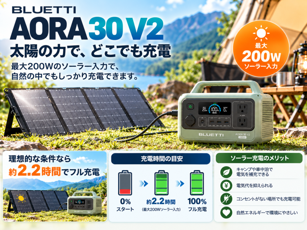 小型ソーラーパネル＋AORA 30 V2。自然の中で昼間に充電しているイメージ
