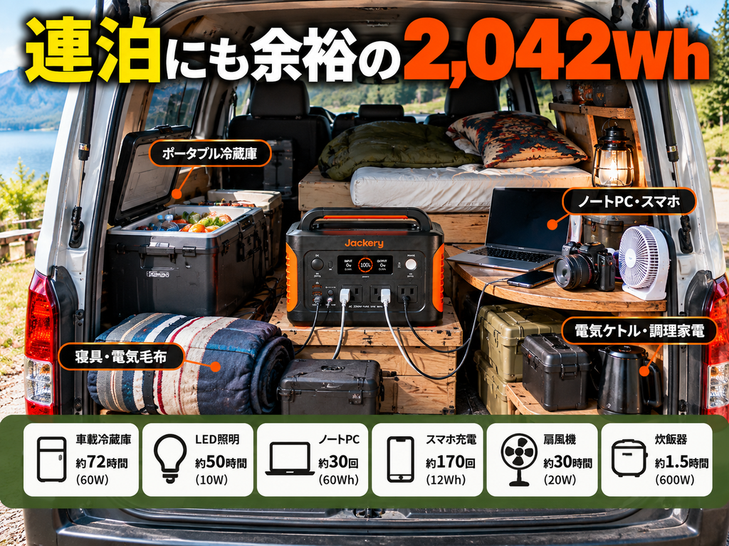 前回の夜の車内とは変えて、昼間のバンの荷室を上から見た俯瞰構図。冷蔵庫・寝具・PC・2000 Newを整理して積載