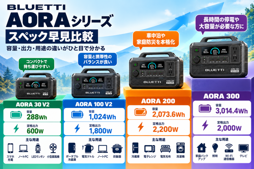 4機種スペック早見図。288Wh→1,024Wh→2,073.6Wh→3,014.4Whと容量が増えていく様子を階段状に表現。定格出力も併記