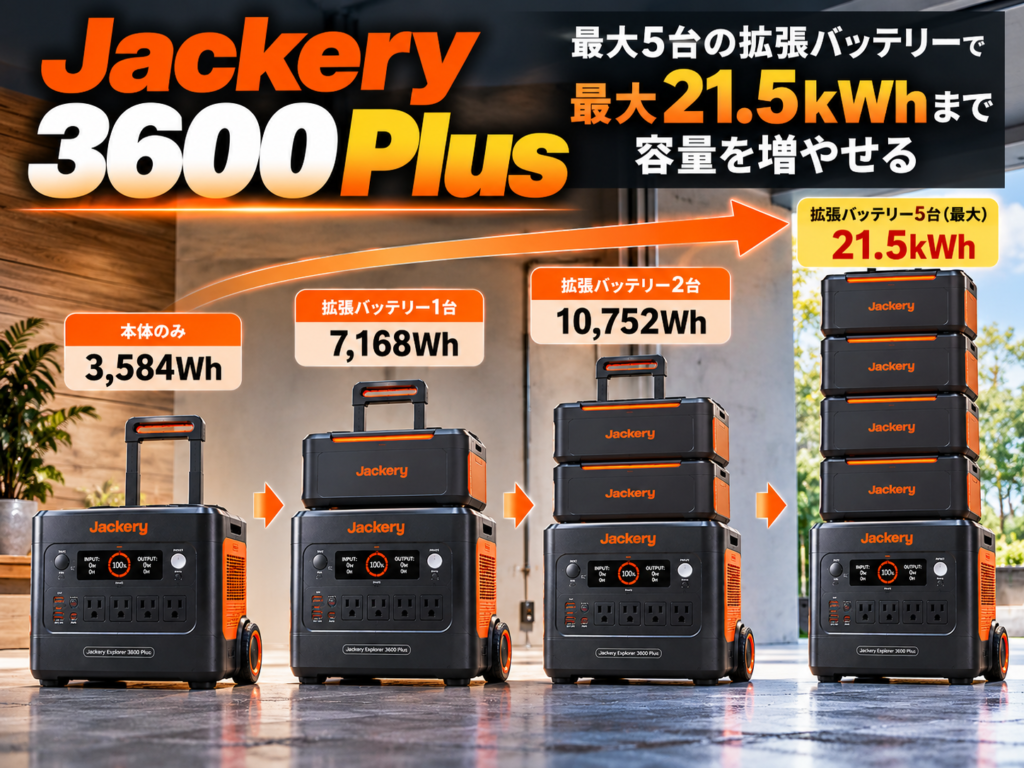 今回の重要画像。 本体＋拡張バッテリーを段階的に増やす図解。1台→2台→最大構成へ