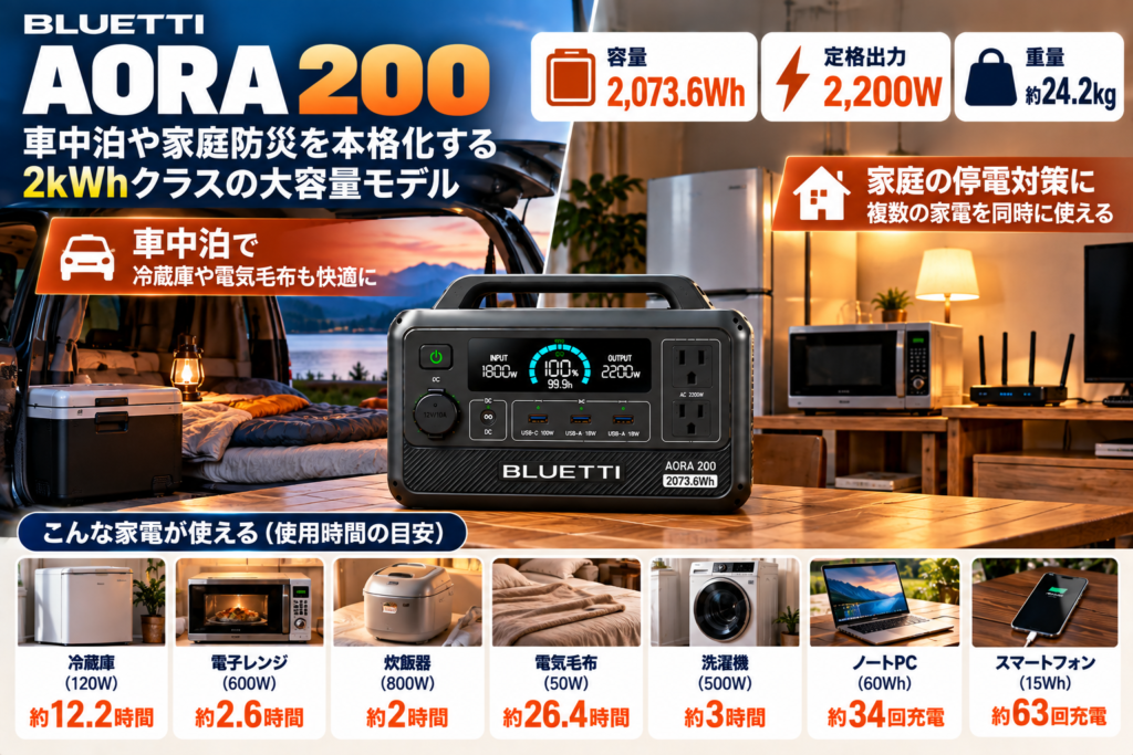 車中泊＋家庭バックアップの2分割。「2,073.6Wh／2,200W」。冷蔵庫・電子レンジなど高出力家電を表現