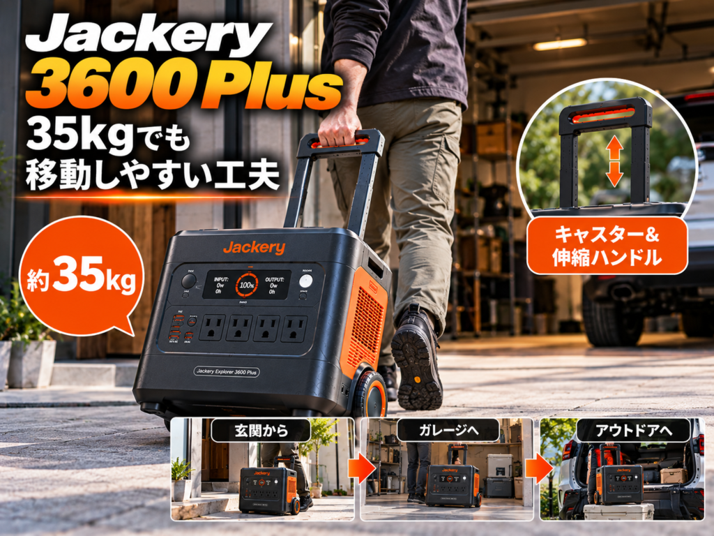 ⑥「35kgでも移動しやすい工夫」直下伸縮ハンドルを伸ばした3600 Plusを、スーツケースのように移動できることが分かる構図。玄関〜ガレージの生活シーン「約35kg」「キャスター＆伸縮ハンドル」