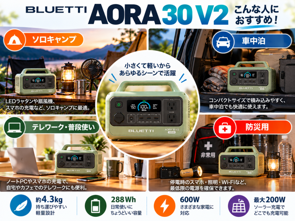 4つの用途をまとめた画像。「ソロキャンプ／車中泊／テレワーク／防災」