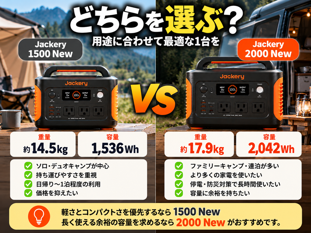 天秤・選択チャート風。左1500 New、右2000 New。重量と容量だけ大きく表示
