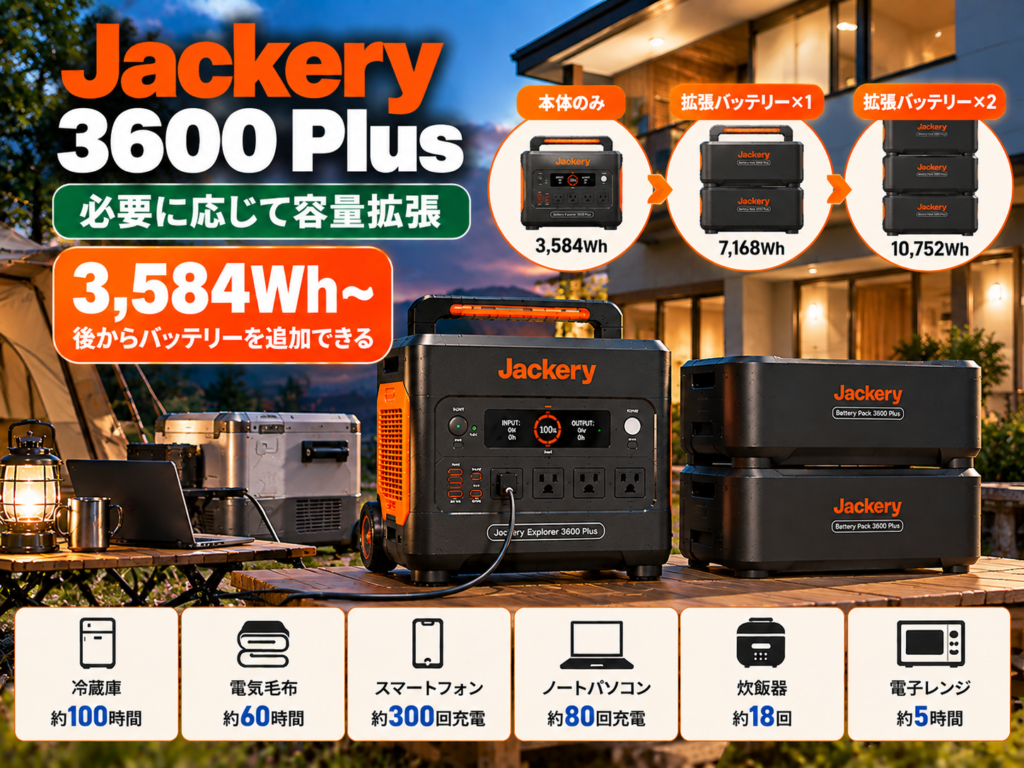3600 Plus本体から拡張バッテリーが増えていく構図。住宅を背景にする