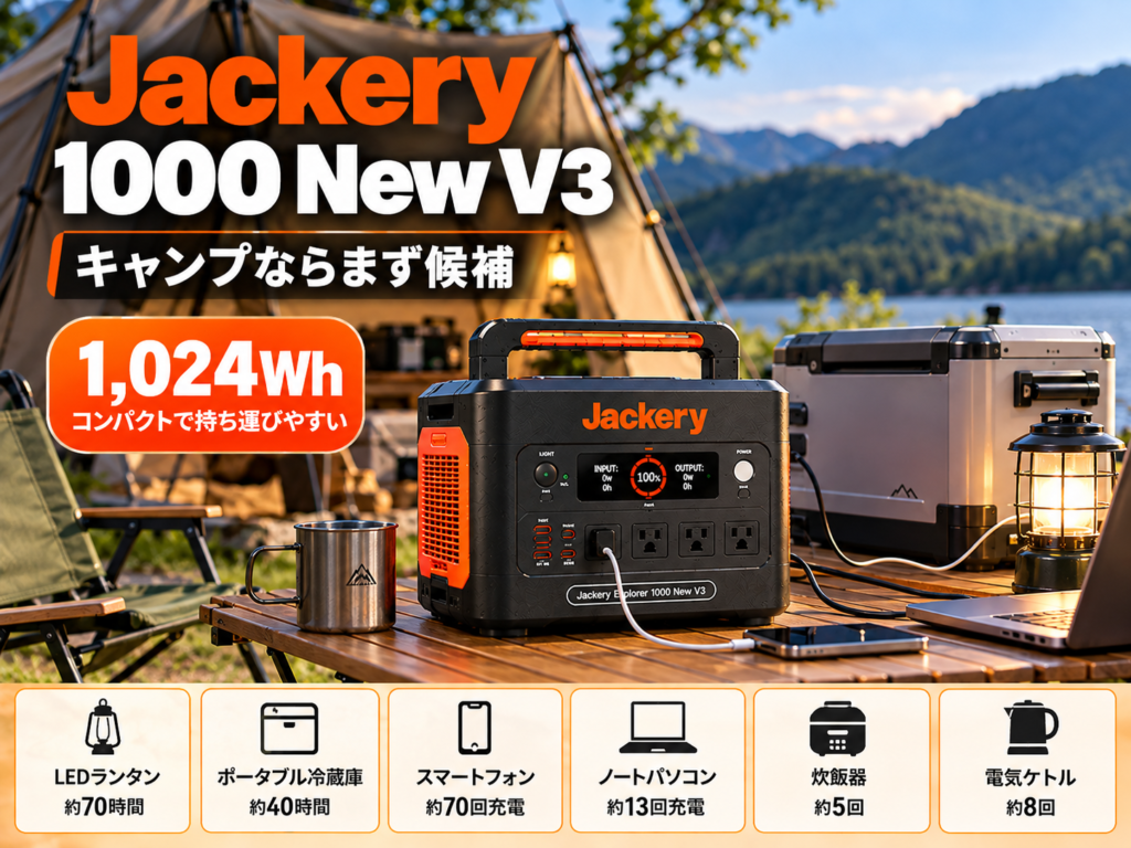キャンプサイトで1000 New V3を使用。ランタン・ポータブル冷蔵庫などを配置