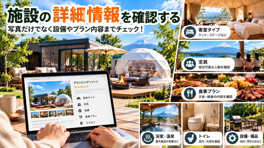 おしゃれなグランピング施設の外観
ドームテントやコテージ、屋外ダイニングなど
宿泊人数や設備を確認している様子