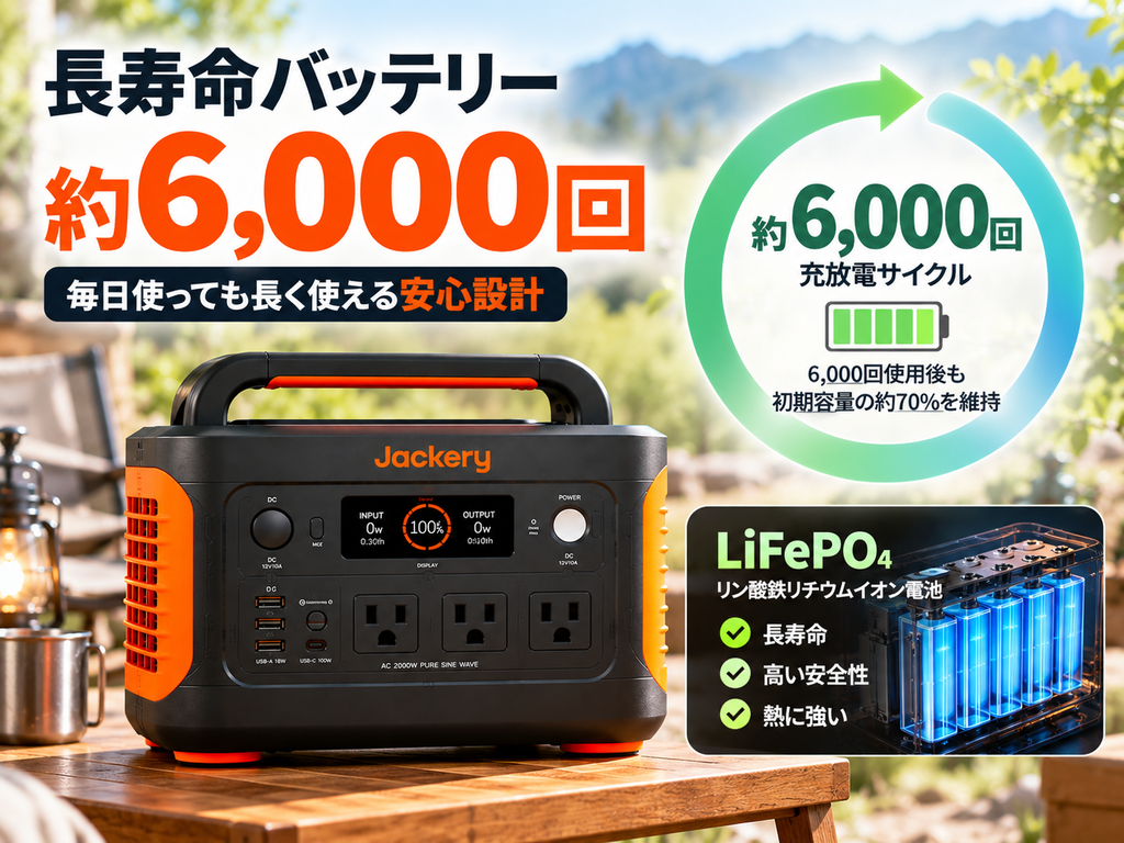 バッテリー寿命を表現するインフォグラフィック風。製品＋円形ゲージなど「約6,000回」「長寿命 LiFePO₄」