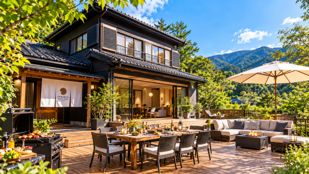 森に囲まれた一棟貸しヴィラ
広いウッドデッキ
屋外BBQスペース
複数人が座れるテーブルと椅子